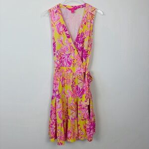 Lilly Pulitzer Folly Floral Wrap Dress Calla Yellow Floral Tiered Pink Sz Medium